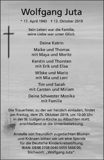 Anzeige von Wolfgang Juta von Westfälische Nachrichten