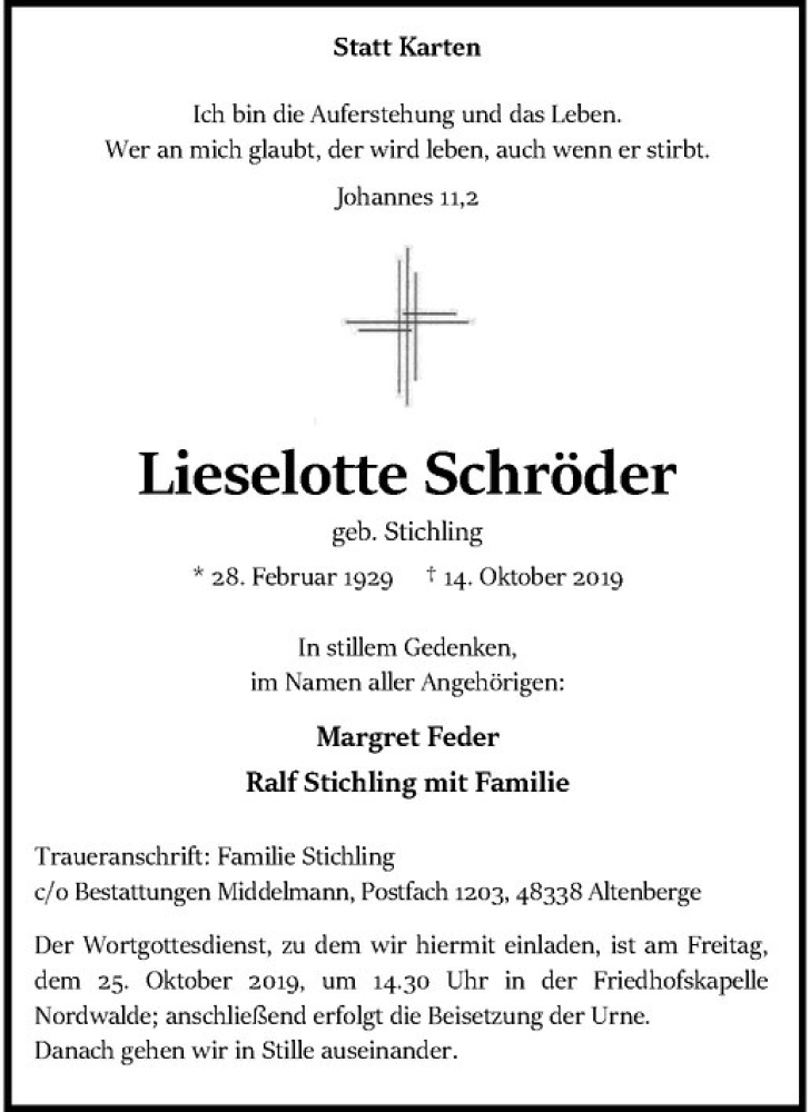  Traueranzeige für Lieselotte Schröder vom 19.10.2019 aus Westfälische Nachrichten