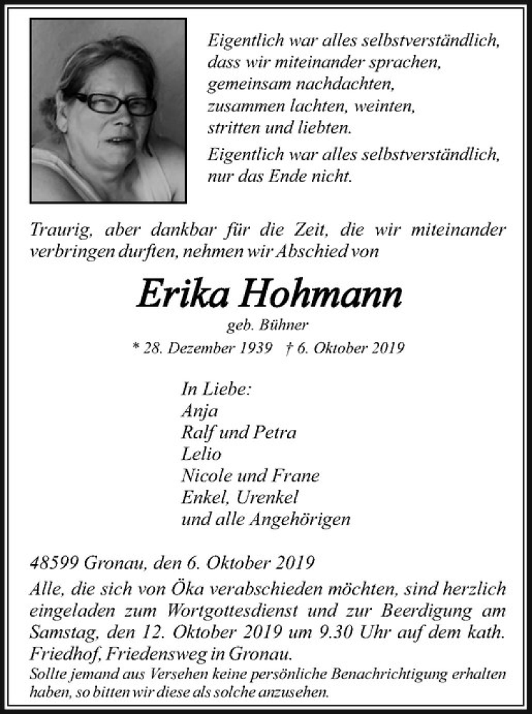  Traueranzeige für Erika Hohmann vom 10.10.2019 aus Westfälische Nachrichten