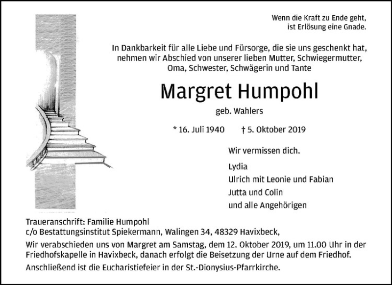  Traueranzeige für Margret Humpohl vom 09.10.2019 aus Westfälische Nachrichten