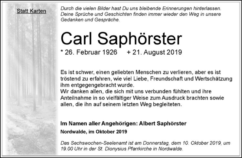  Traueranzeige für Carl Saphörster vom 05.10.2019 aus Westfälische Nachrichten