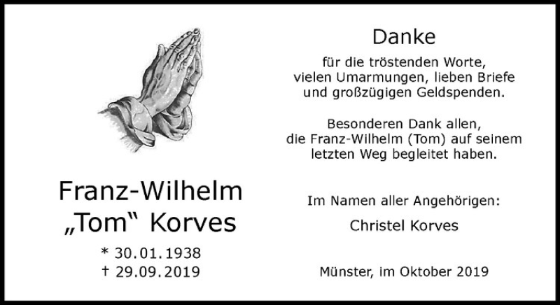  Traueranzeige für Franz-Wilhelm Korves vom 26.10.2019 aus Westfälische Nachrichten