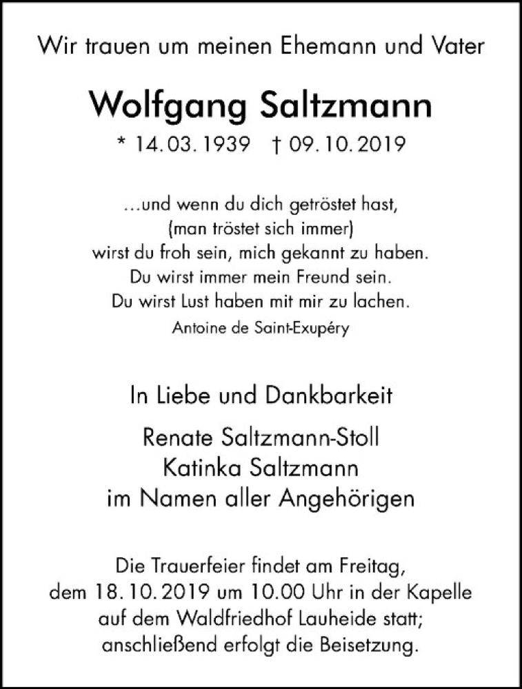  Traueranzeige für Wolfgang Saltzmann vom 12.10.2019 aus Westfälische Nachrichten