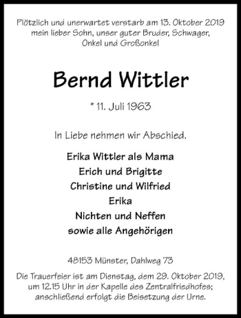Anzeige von Bernd Wittler von Westfälische Nachrichten