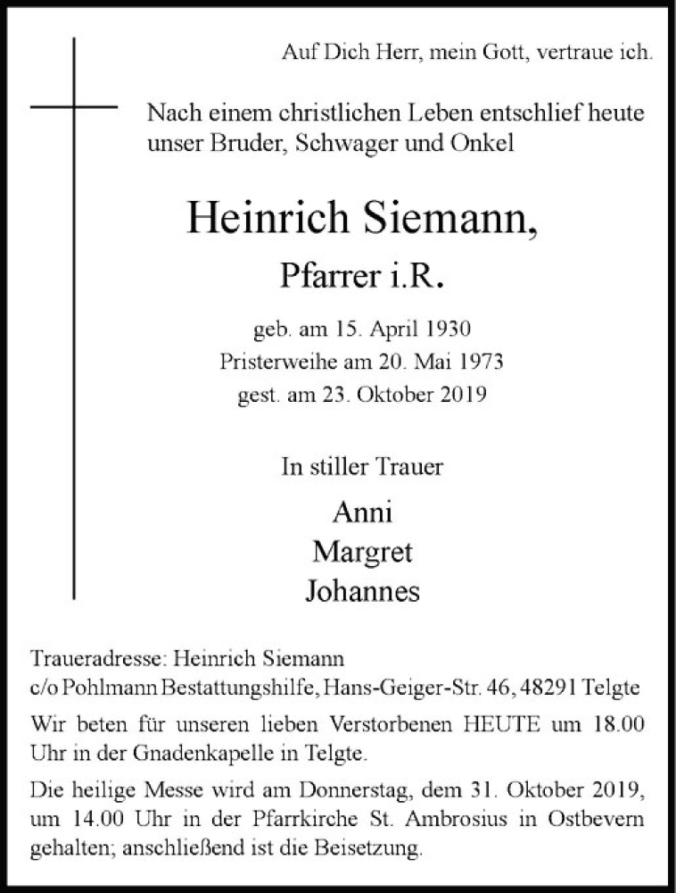  Traueranzeige für Heinrich Siemann vom 30.10.2019 aus Westfälische Nachrichten