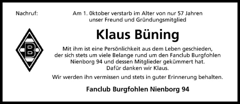  Traueranzeige für Klaus Büning vom 10.10.2019 aus Westfälische Nachrichten