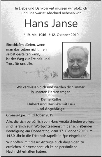 Anzeige von Hans Janse von Westfälische Nachrichten