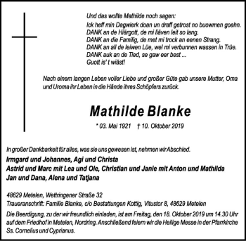 Anzeige von Mathilde Blanke von Westfälische Nachrichten