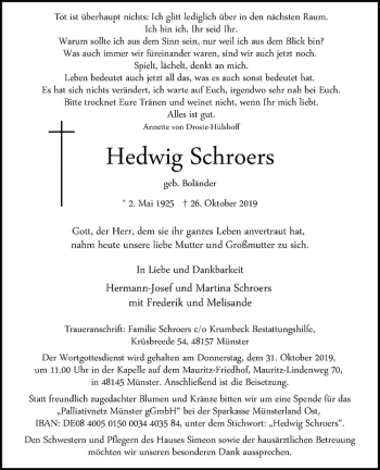 Anzeige von Hedwig Schroers von Westfälische Nachrichten