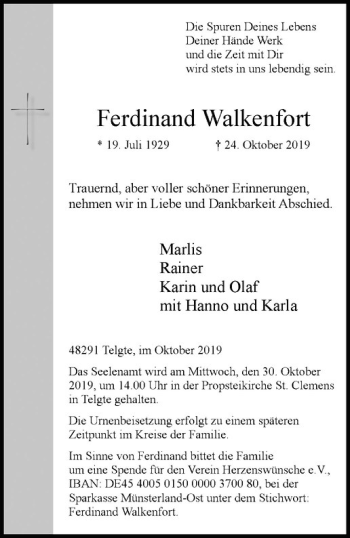 Anzeige von Ferdinand Walkenfort von Westfälische Nachrichten