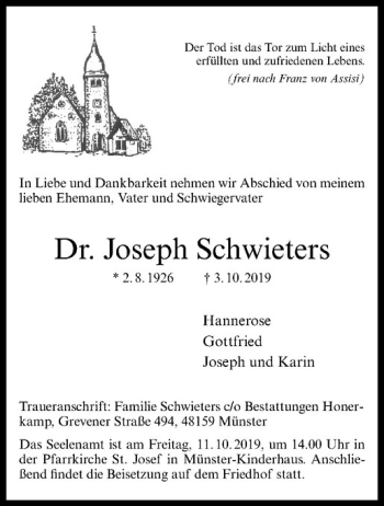 Anzeige von Joseph Schwieters von Westfälische Nachrichten