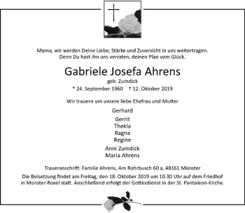 Anzeige von Gabriele Josef Ahrens von Westfälische Nachrichten