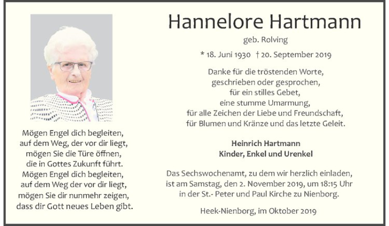  Traueranzeige für Hannelore Hartmann vom 26.10.2019 aus Westfälische Nachrichten