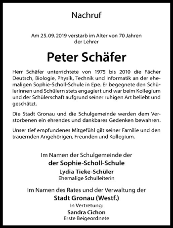 Anzeige von Peter Schäfer von Westfälische Nachrichten