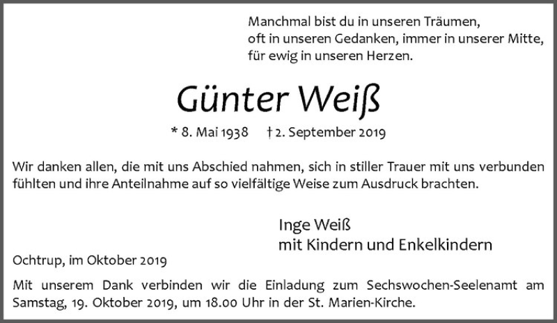 Traueranzeige für Günter Weiß vom 16.10.2019 aus Westfälische Nachrichten