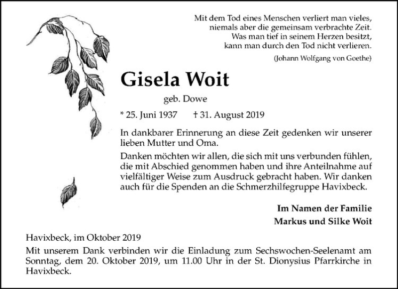  Traueranzeige für Gisela Woit vom 12.10.2019 aus Westfälische Nachrichten