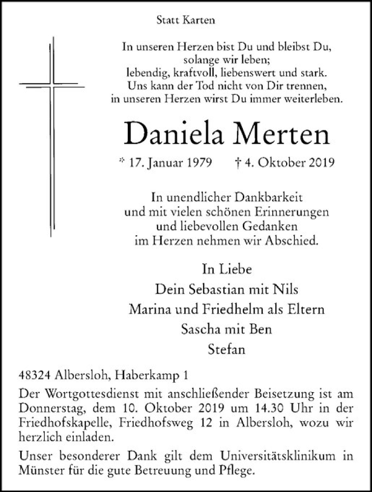  Traueranzeige für Daniela Merten vom 08.10.2019 aus Westfälische Nachrichten