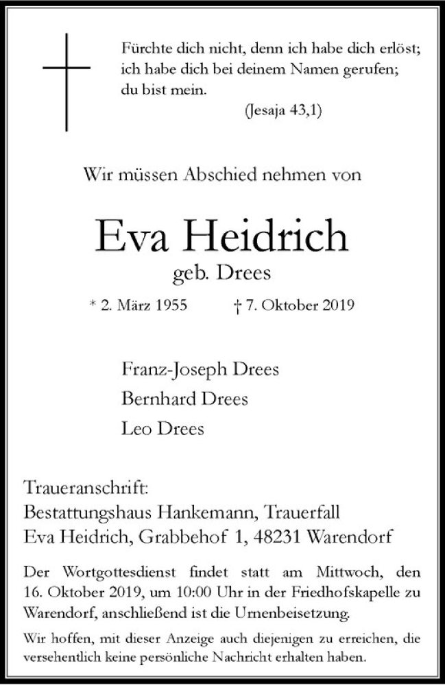  Traueranzeige für Eva Heidrich vom 12.10.2019 aus Westfälische Nachrichten