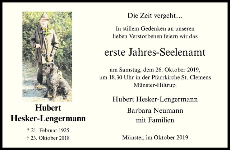  Traueranzeige für Hubert Hesker-Lengermann vom 23.10.2019 aus Westfälische Nachrichten