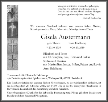 Anzeige von Gisela Austermann von Westfälische Nachrichten