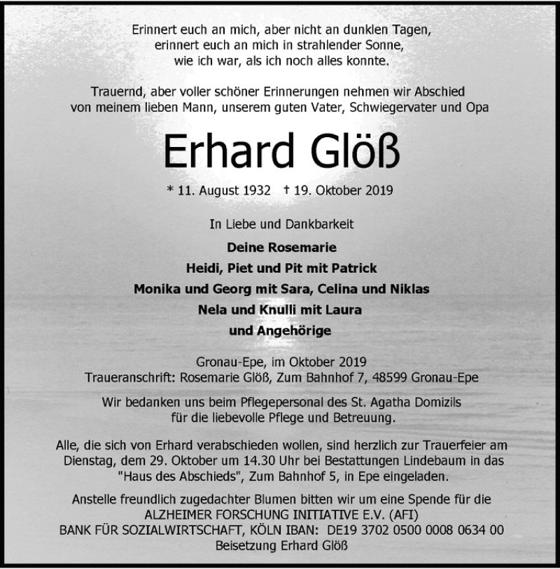  Traueranzeige für Erhard Glöß vom 26.10.2019 aus Westfälische Nachrichten
