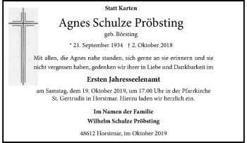 Anzeige von Agnes Schulze von Westfälische Nachrichten