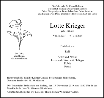 Anzeige von Lotte Krieger von Westfälische Nachrichten