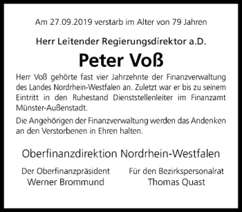Anzeige von Peter Voß von Westfälische Nachrichten