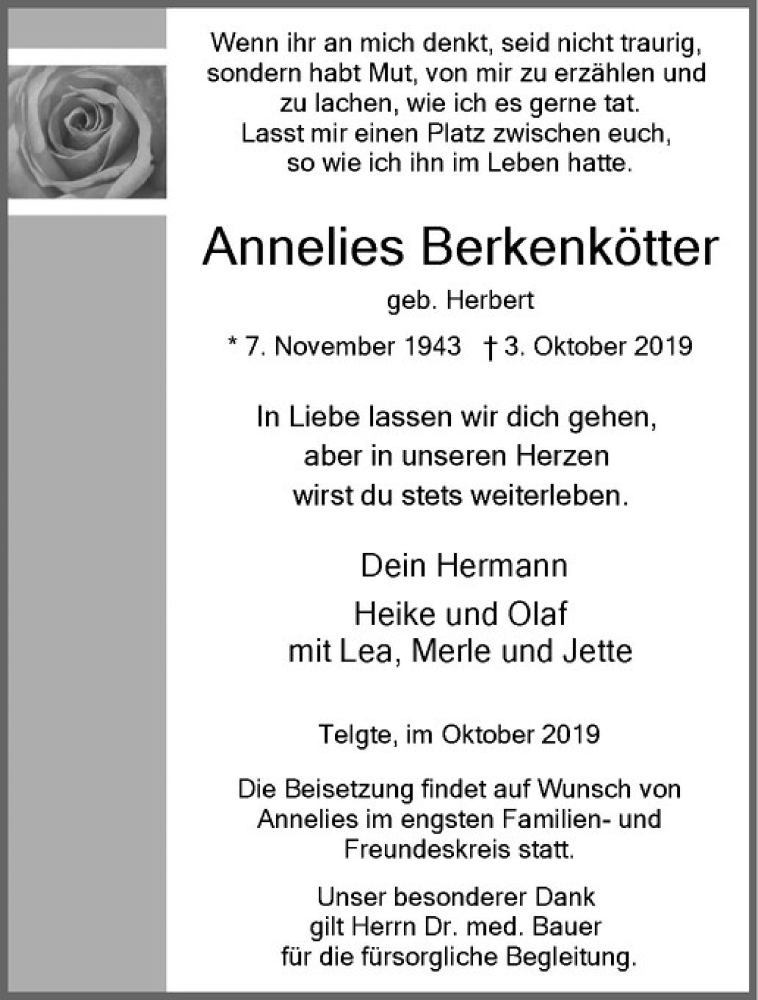 Traueranzeige für Annelies Berkenkötter vom 12.10.2019 aus Westfälische Nachrichten