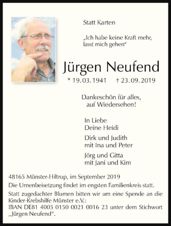Anzeige von Jürgen Neufend von Westfälische Nachrichten
