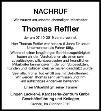 Anzeige von Thomas Reffler von Westfälische Nachrichten