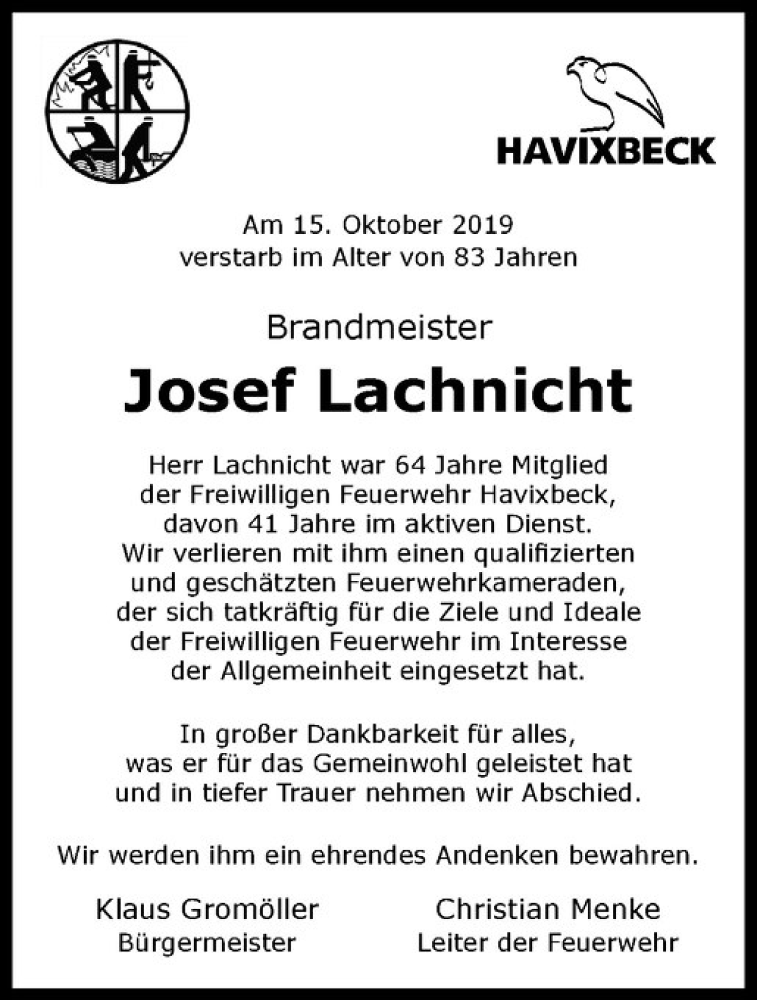 Traueranzeige für Josef Lachnicht vom 19.10.2019 aus Westfälische Nachrichten