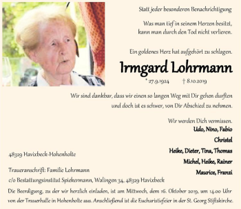 Anzeige von Irmgard Lohrmann von Westfälische Nachrichten