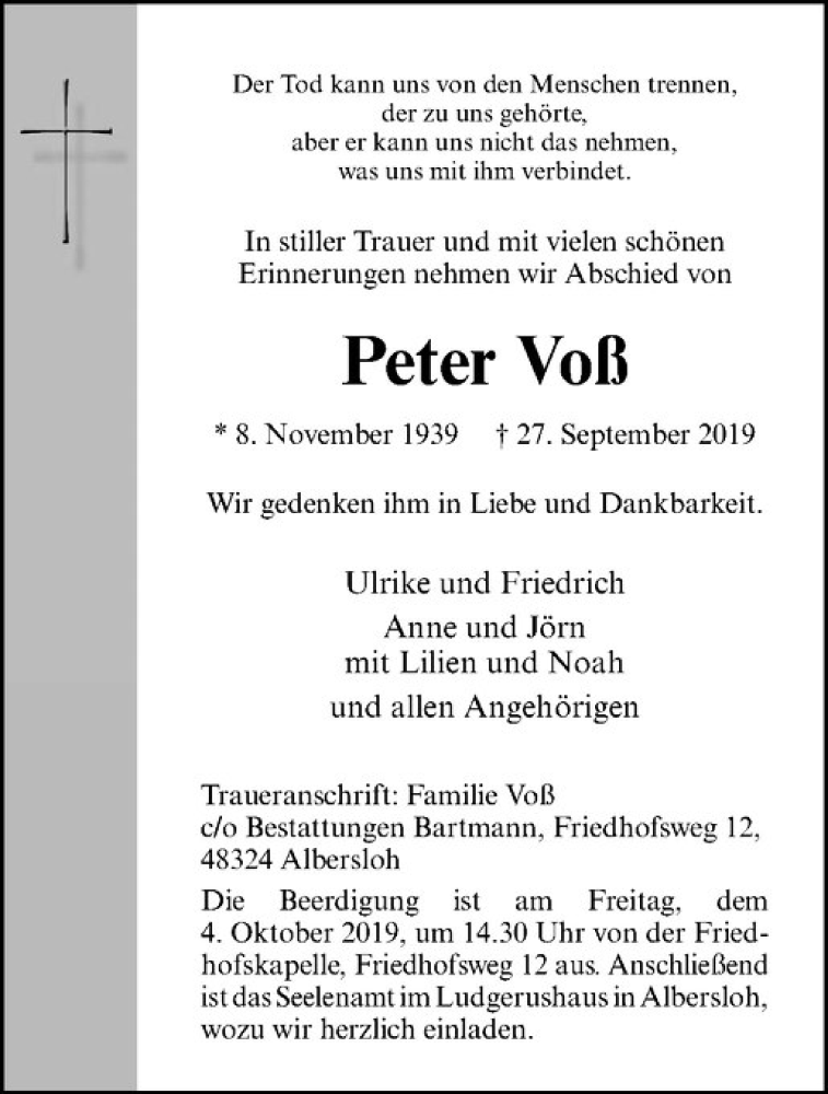  Traueranzeige für Peter Voß vom 02.10.2019 aus Westfälische Nachrichten