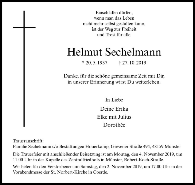  Traueranzeige für Helmut Sechelmann vom 30.10.2019 aus Westfälische Nachrichten
