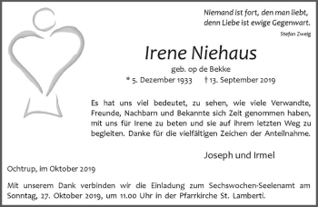 Anzeige von Irene Niehaus von Westfälische Nachrichten