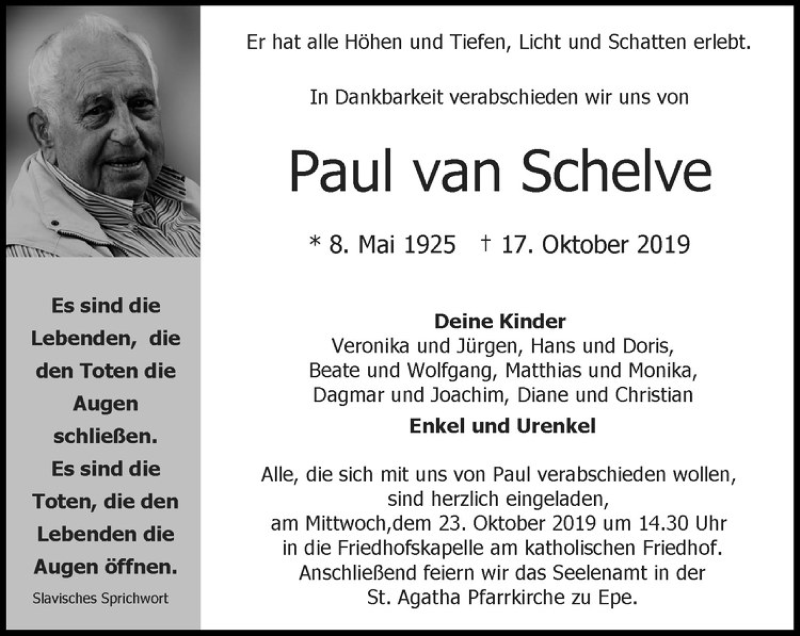  Traueranzeige für Paul van Schelve vom 21.10.2019 aus Westfälische Nachrichten