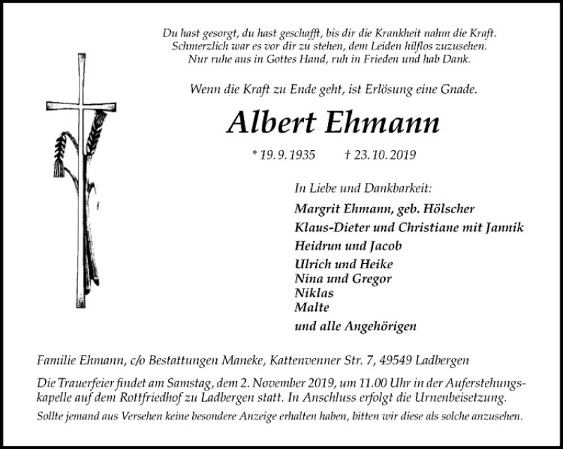  Traueranzeige für Albert Ehmann vom 26.10.2019 aus Westfälische Nachrichten