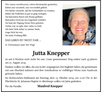 Anzeige von Jutta Knepper von Westfälische Nachrichten