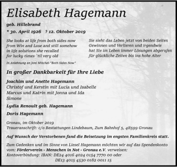 Anzeige von Elisabeth Hagemann von Westfälische Nachrichten
