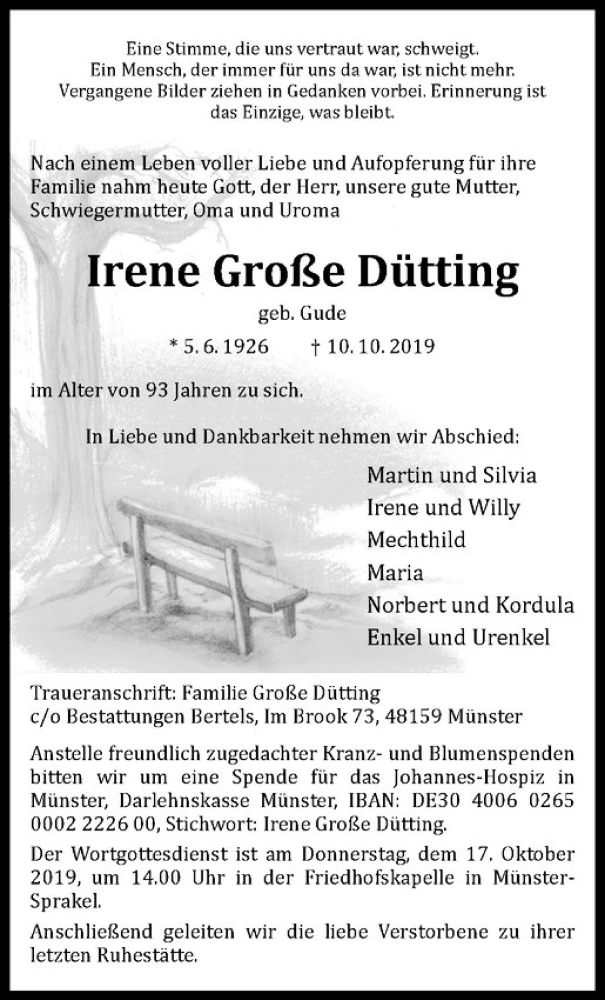  Traueranzeige für Irene Große Dütting vom 15.10.2019 aus Westfälische Nachrichten