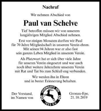 Anzeige von Paul van Schelve von Westfälische Nachrichten