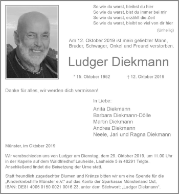 Anzeige von Ludger Diekmann von Westfälische Nachrichten