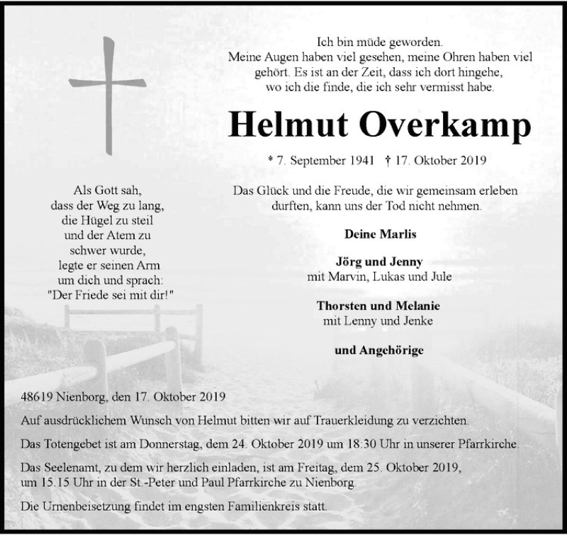  Traueranzeige für Helmut Overkamp vom 22.10.2019 aus Westfälische Nachrichten