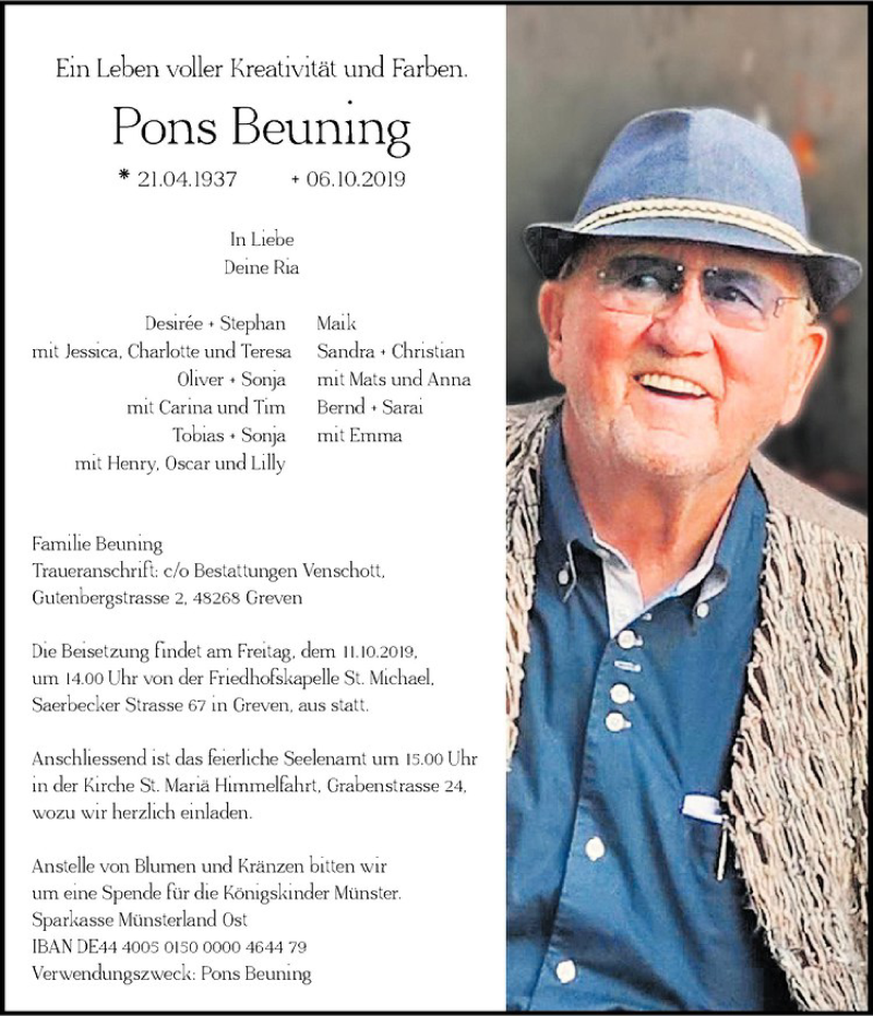  Traueranzeige für Pons Beuning vom 09.10.2019 aus Westfälische Nachrichten