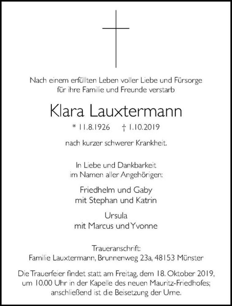  Traueranzeige für Klara Lauxtermann vom 15.10.2019 aus Westfälische Nachrichten