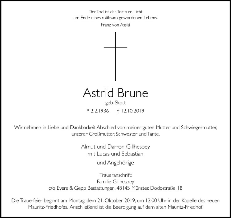  Traueranzeige für Astrid Brune vom 16.10.2019 aus Westfälische Nachrichten