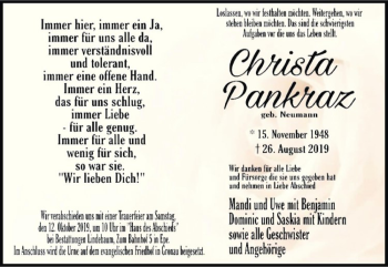 Anzeige von Christa Pankraz von Westfälische Nachrichten