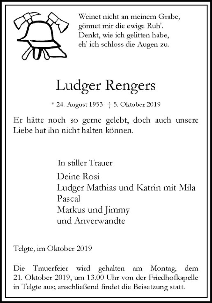  Traueranzeige für Ludgers Rengers vom 12.10.2019 aus Westfälische Nachrichten