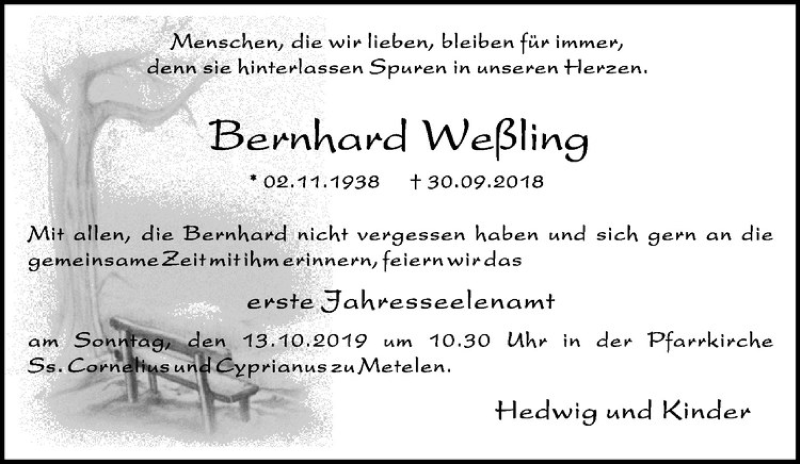  Traueranzeige für Bernhard Weßling vom 10.10.2019 aus Westfälische Nachrichten
